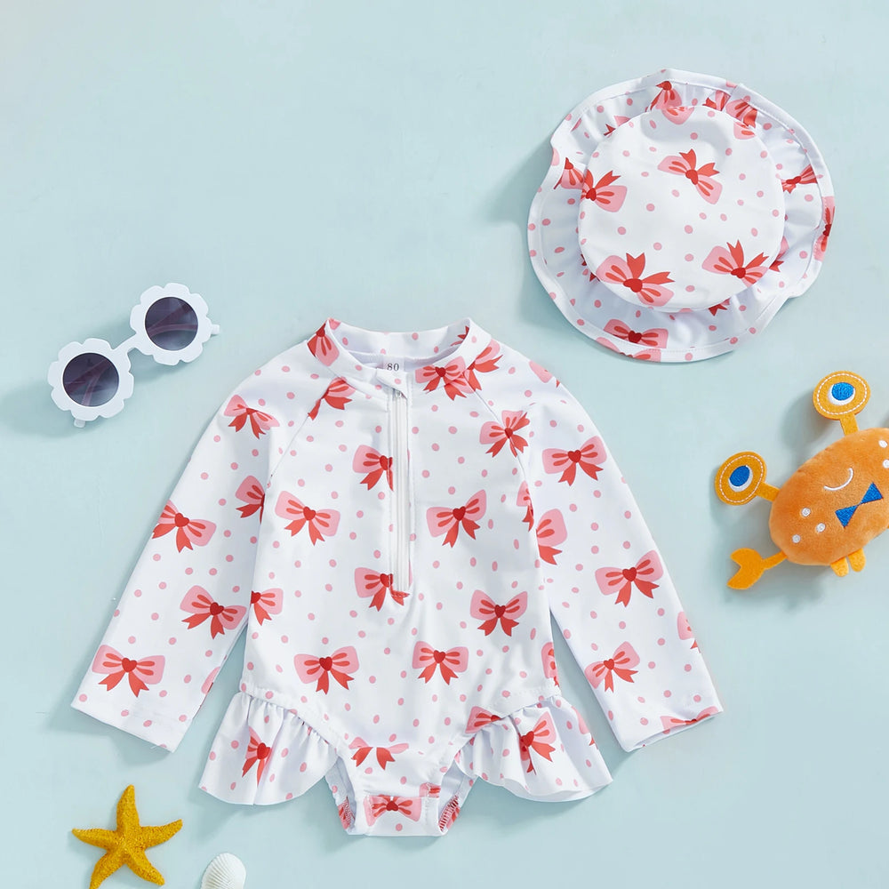 ! Baby Meisjes Rash Guard Badpak met Hoed – 2-Delige UV Zwemset met Lange Mouwen