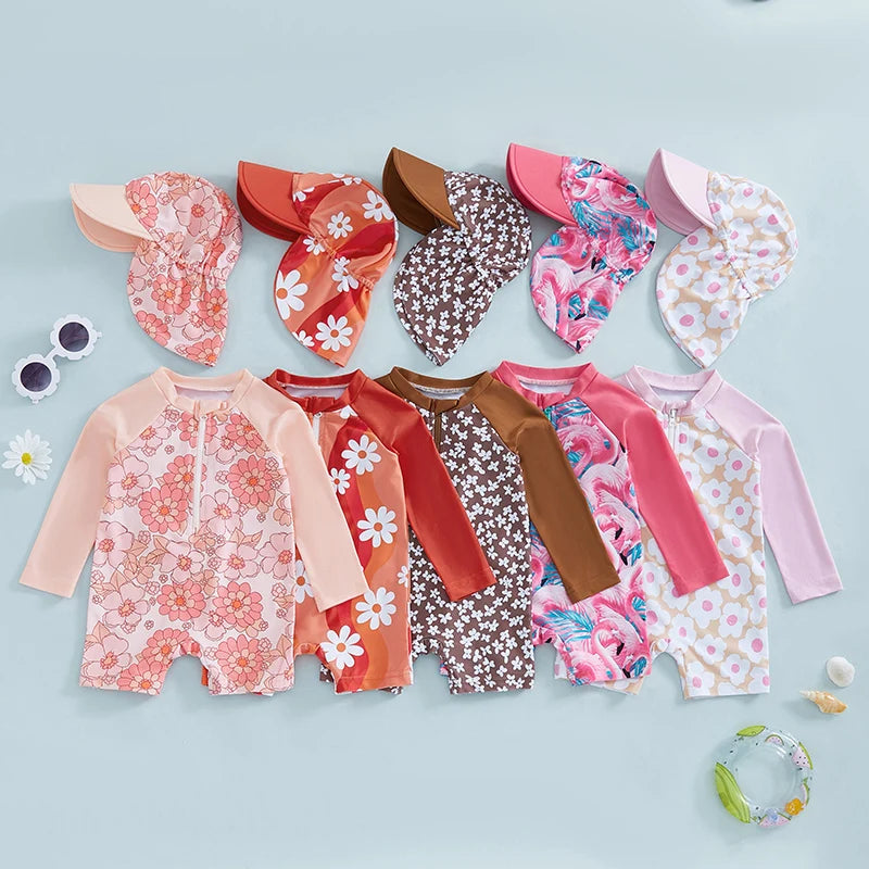 ! Peutermeisjes Badpak met Lange Mouwen – Bloemen & Flamingo Rash Guard Zwemset met Zonnehoed