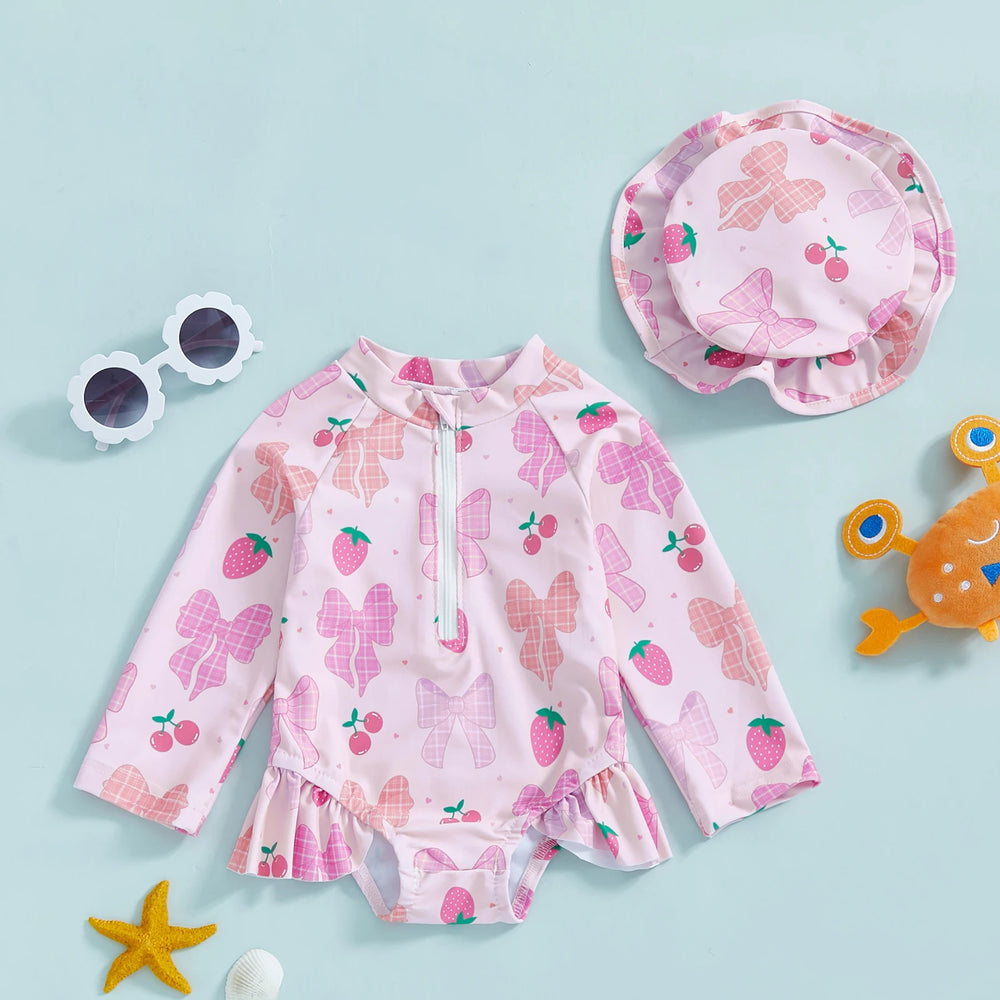 ! Baby Meisjes Rash Guard Badpak met Hoed – 2-Delige UV Zwemset met Lange Mouwen
