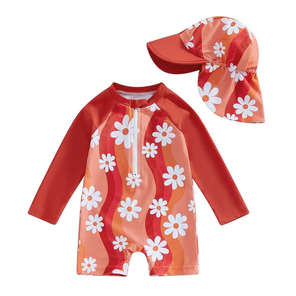 ! Peutermeisjes Badpak met Lange Mouwen – Bloemen & Flamingo Rash Guard Zwemset met Zonnehoed