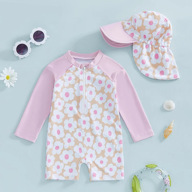 ! Peutermeisjes Badpak met Lange Mouwen – Bloemen & Flamingo Rash Guard Zwemset met Zonnehoed
